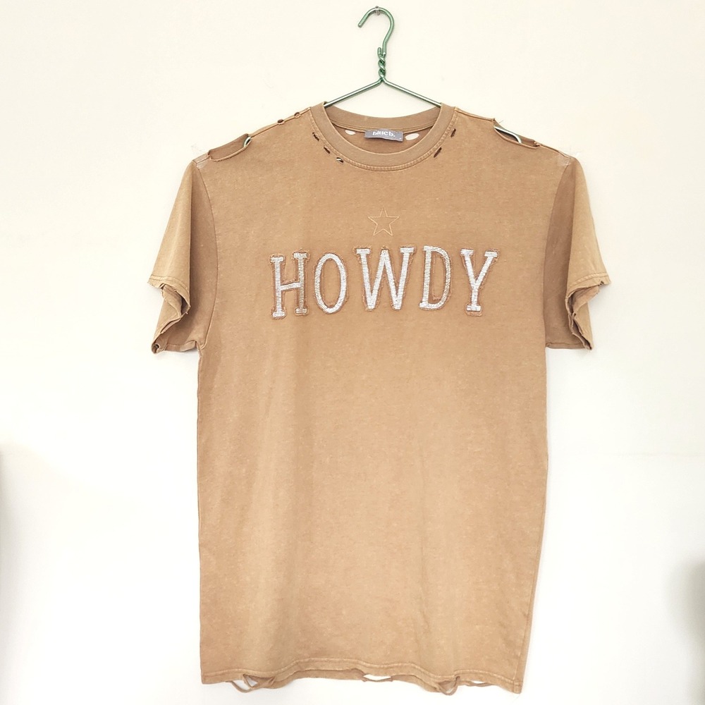 Blue B Howdy Distressed Grunge Rhinestone Graphic 100% Cotton T-Shirt Camel M